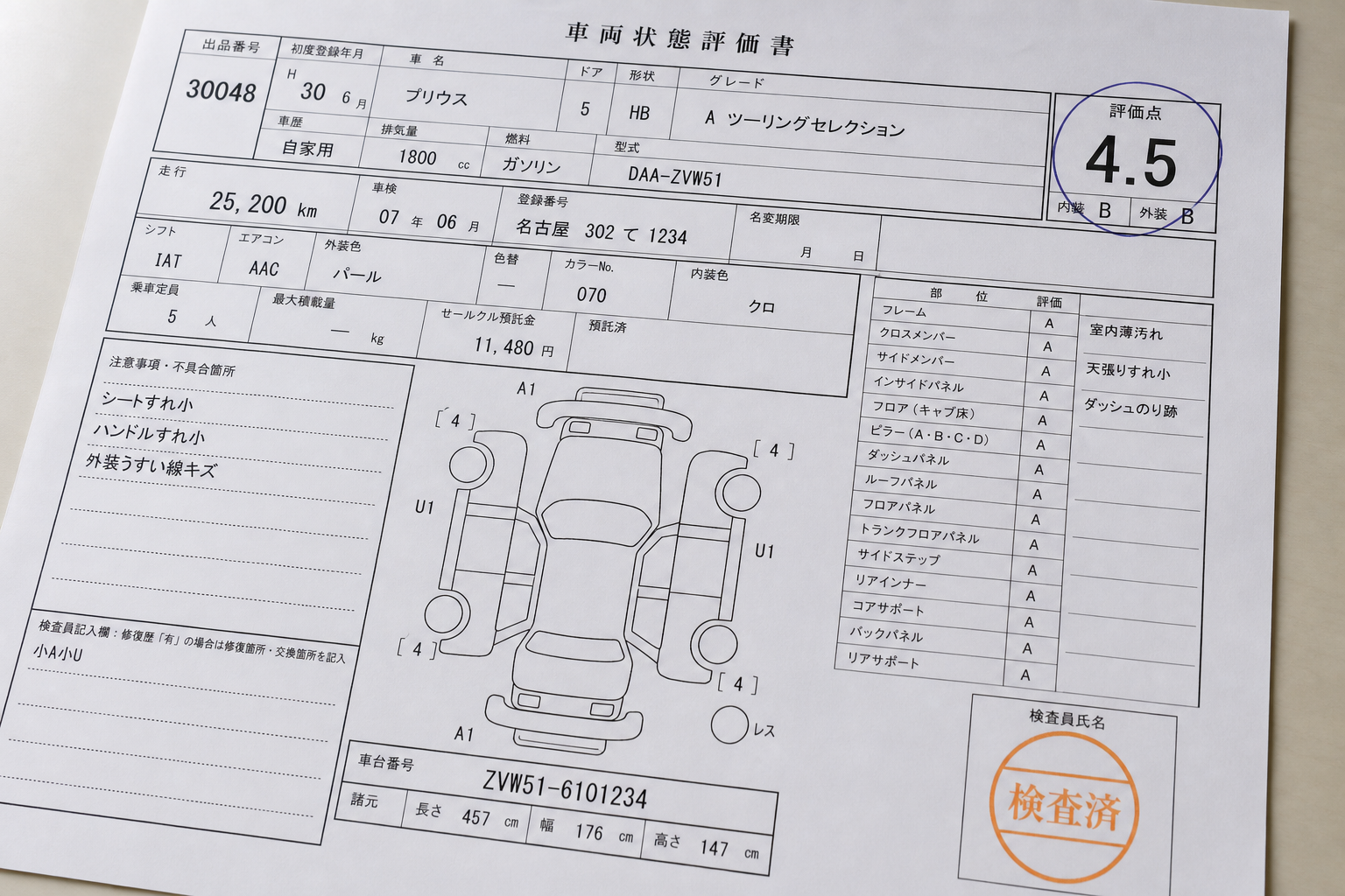 Japanese auction inspection sheet sample